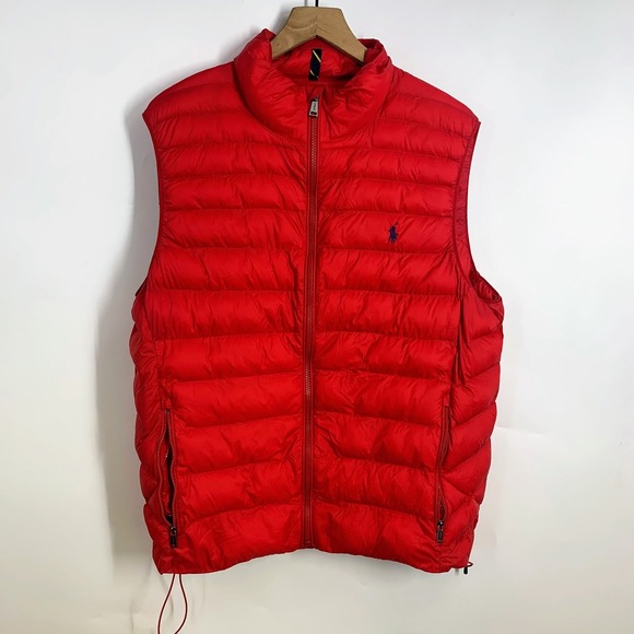 Polo Ralph Lauren Mens Red Quilted Puffer Vest Blue Pony Logo Full Zip Outerwear